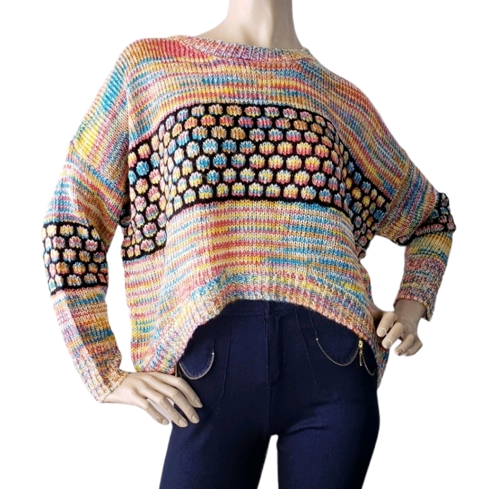 Multicolored Rainbow Honeycomb Contrast High Low Sweater by VO Jeans